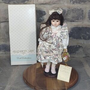 Elizabeth Gray Vintage Porcelain Doll Brunette 16" Floral Dress Parasol Basket‎